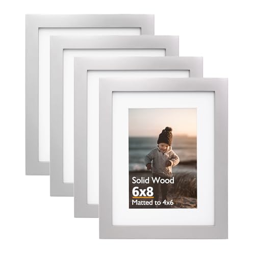 KINLINK 6x8 Picture Frame Light Grey, Solid Wood Frames with Acrylic Plexiglass for Pictures 4x6 with Mat or 6x8 without Mat,Tabletop and Wall Display Photo Frame, Set of 4