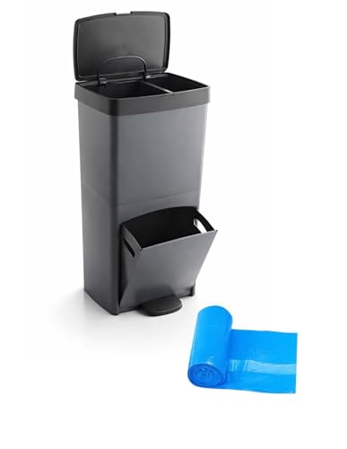 Jardin202   Cubo de Basura para Reciclaje Triple 70L | 3 Compartimentos con Pedal y Tapa Hermetica | Vertical y Ergonómico | Duradero | 70 litros + Bolsas 30L (Gris)
