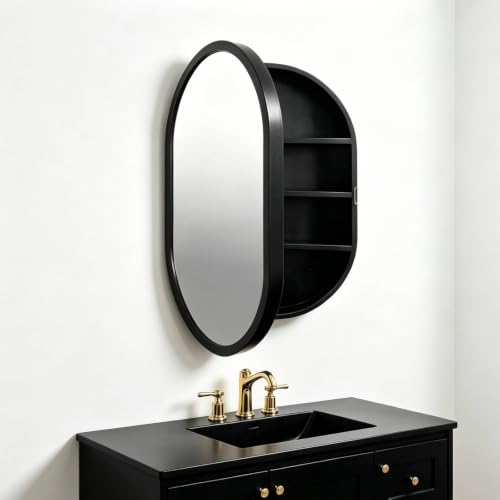Botiquín de baño con espejo ovalado, marco circular de madera maciza, montaje en pared, 4 niveles, 19,7 x 30,7 pulgadas (estilo B, negro) miniatura 6