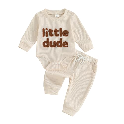 Image of FOMOYUU Newborn Baby Boy Clothes Waffle Letter Embroider Long Sleeve Romper Pullover Tops and Pants Sets Fall Winter Outfits