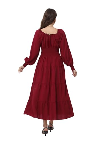 OSTOO Women's 2025 Casual Long Sleeve Square Neck Smocked High Waist Flowy Maxi Dress,Boho Tiered Beach Party Dress2