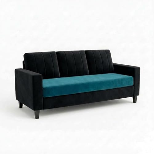 Image of Hendrick Plush Velvet 3 Seater + 1 Seater + 1 Seater Sofa Set | Silken Velvet Upholstery | Golden Legs | Designer Set for Living Room & Office Spaces (Black & Aqua Blue)