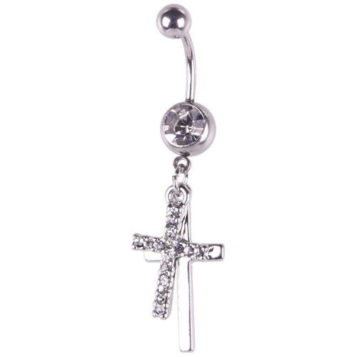 New Rhinestone Double Cross Dangle Navel Belly Button Barbell Ring Body Piercing