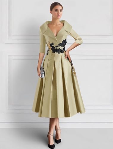 Long Sleeve Mother of The Bride Dresses Tea Length Prom Dress Applique Satin Formal Evening Gowns with Pockets4