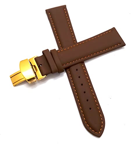 Image of 18mm 19mm 20mm 21mm 22mm 23mm 24mm Genuine Leather Butterfly Deployment Clasp Buckle Watch Band Strap Black Dark Brown TAN Blue Rose Black Gold White