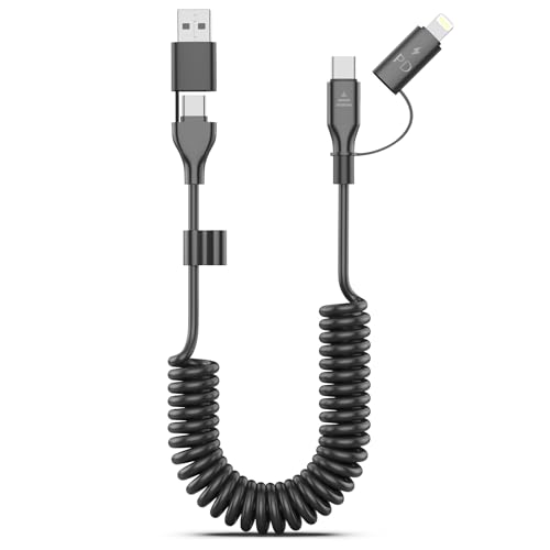 🎨【Cavo di ricarica a spirale 4-in-1】：Il nostro concetto di design è quello di semplificare la vita, un cavo soddisfa tutte le esigenze, il cavo Apple USB C presenta un design versatile 4-in-1 con estremità intercambiabili. Supporta le quattro modalità da USB-A a USB-C, da USB-A a Lightning, da USB-C a Lightning, da USB-C a USB-C. Consente di caricare e sincronizzare facilmente i dispositivi Lightning o USB