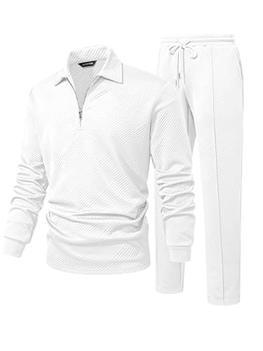 JMIERR Men 2 Piece Outfits Knit Jacquard Quarter Zipper Polo Sweatshirt 2025 Fall Tracksuit & Oversized Running Jogger Sweatpants Sweatsuit Lounge Matching Set, White, XL