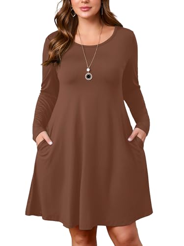 Image of AusLook Women's Plus Midi Dress Long Sleeve Crew Neck A-Line Swing Flowy Vacation Fall Wedding Guest Dresses with Pocket 1-5X
