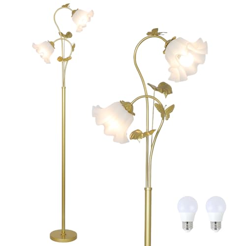 HMVPL Gold Floor Lamp for Living Room Flower Standing Lamp with 2 LED 5W Blubs Foot Switch Floral Tall Lamp with Acrylic Shade Antique Lotus Flower Floor Lamp for Living Room Office Reading