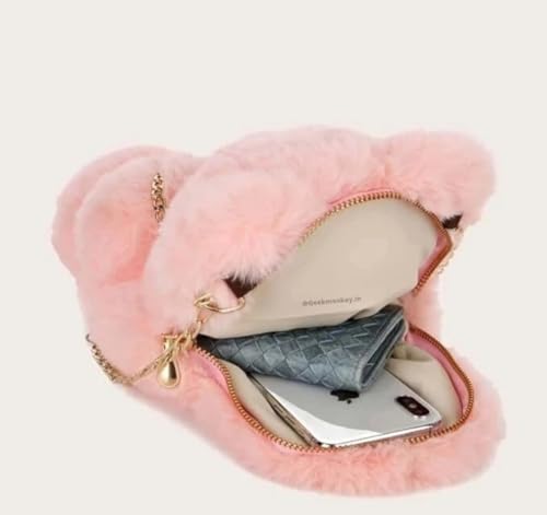 Image of Cute Teddy Bear Plush Sling Bag For Kids And Girls with Chain Strap, Soft Faux Fur, Zipper Closure, Compact Storage for Phone Wallet Essentials (Wine)