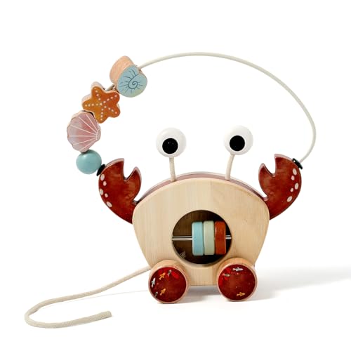 Image of Promise Babe Crab Pull Along Toy for Toddlers 1-3, Wooden Bead Maze Montessori Toys, Roller Coaster Circle Sensory and Learning Activity Cube, Baby Learning Toy for Beginner Walkers