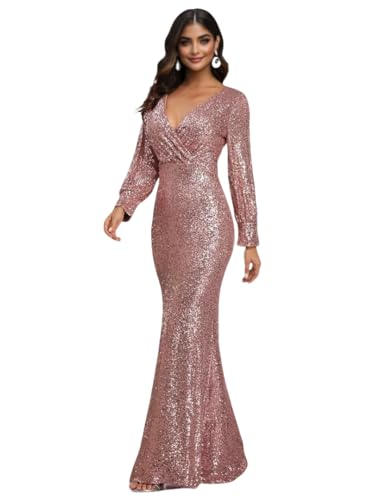 Mermaid Evening Party Gown Formal Wedding Guest Dress Floor Length Long Sleeve V Neck Sequin Fitted Elegant Prom Dress 20254