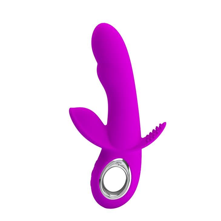 VIBRATORE VAGINALE IN SILICONE VIOLA CON DOPPIO STIMOLATORE CLITORIDE ANALE E ANELLO CROMATO RICARICABILE USB
