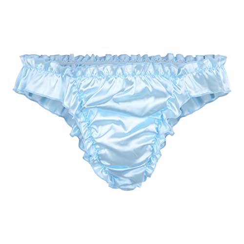 Satini Men's Satin Ruffle Low Rise Sissy Thong Tanga Knickers Briefs Panties (Baby Blue, M)