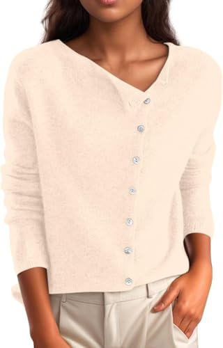 Womens Crewneck Cashmere Cardigan Sweaters Asymmetric Button Thin Knit Long Sleeve Warm Sweater Spring Outwear (Beige,X-Small)