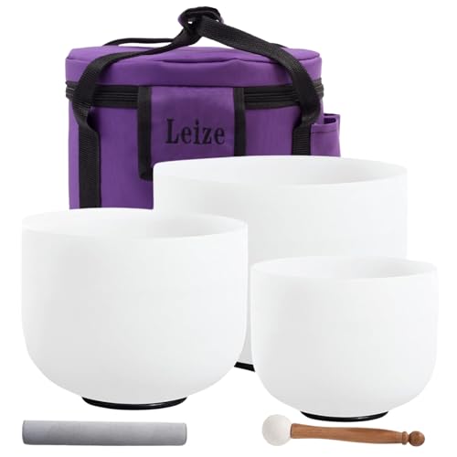 Leize Crystal Singing Bowl Tuned Quartz with Suede Striker Carry Case Bag, Set of 3 PCS 432HZ 6' A...