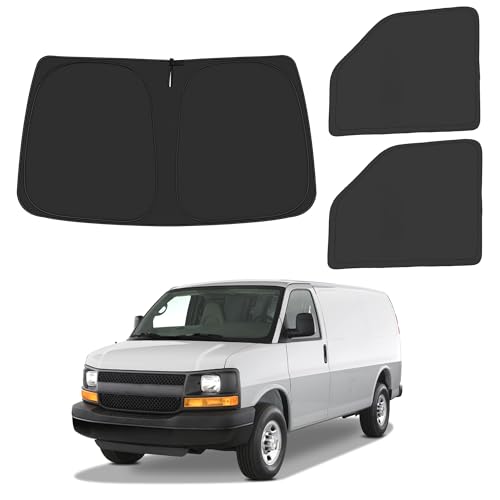 Image of Front Windshield & Side Window Sun Shade for 1996-2025 Chevy Express Accessories Cargo Van, Foldable Window Sunshade Sun Visor Protector, Window Shade Sun Shield Block UV Rays Heat, Pack of 3