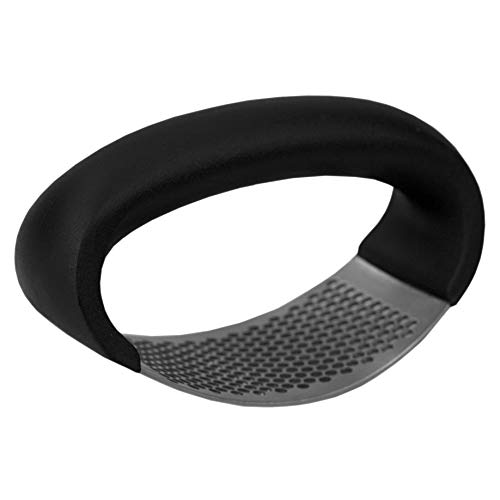 Home Basics Ergo Rust-Proof Stainless Steel Handheld Masher Rocker Press with Ergonomic Grip Arc Handle, Garlic Crusher Squeezer Slicer Mincer,Black, 4.75