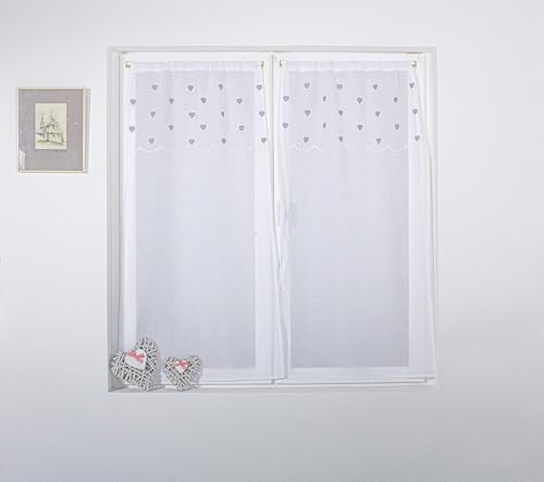 ED ENJOY HOME Paire de vitrages Blanc 60×160 cm, Passe Tringle, Broderie Cœurs Gris, pour Chambre et Salon