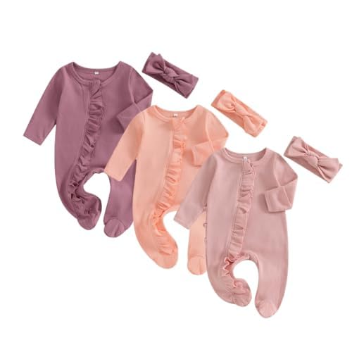 Merqwadd Baby Girl Zipper Pajama Footies 3 Pack Ruffle Sleeper Coming Home Infant Cotton Clothes2