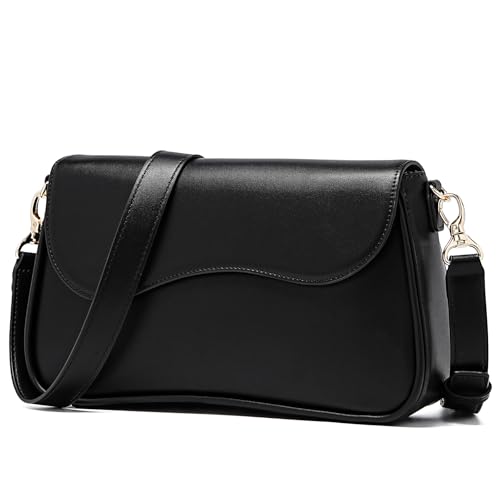 molshine Bolso cruzado para mujer, de piel sintética, cuadrado, con solapa, elegante, con tapa abatible, bolso de mano (negro)