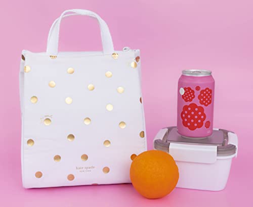 Image of kate spade new york Insulated Lunch Tote, Gold Dot with Script | Cute Insulated Soft Cooler Bag, Adult Lunch Box with Silver Thermal Interior Lining and Mesh Storage Pocket