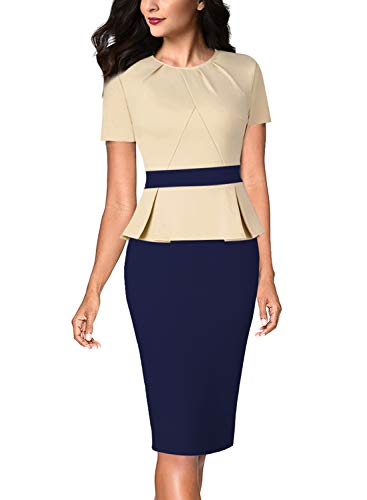 Image of VFSHOW Womens Pleated Crew Neck Peplum Work Business Office Church Bodycon Pencil Sheath Dress