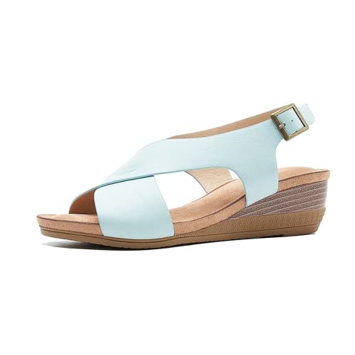 ZPLMIDE Sandalias de playa de talla grande para mujer, sandalias de playa con hebilla bohemia de verano, plantilla suave, ortopédica, soporte de arco (36, azul) Cover