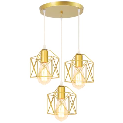 iDEGU 3 Luces Lámpara Colgante Vintage E27 Iluminación de Techo Retro Pantalla de Metal Diseño Jaula Geométrica Lámpara de Techo Industrial para Dormitorio, Comedor, Salon, Comedor (Redondo, Dorado)