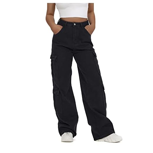 Women's High Waist Cargo Pants Flap Pocket Baggy Cargo Jeans Wide Leg Denim Pants Y2K Streetwear Pants Casual Combat Military Trousers-M Black.
