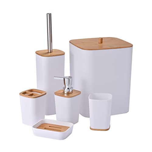 Yorkmills 6 Pieces Bamboo Bathroom Accessories set, Bathroom Accessory set, Bathroom Bin Toilet Brush Set