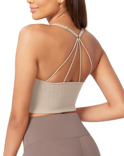 ODODOS Seamless Padded Sports Bra for Women Strappy Longline Wirefree Brami Ribbed Crop Tank Tops