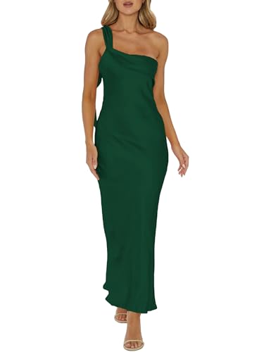 Image of 2026 Satin One Shoulder Maxi Dress for Women Summer Silk Formal Elegant Backless Ruffle Sleeveless Wedding Guest Dresses