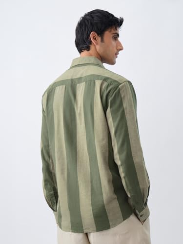 Image of The Souled Store Cotton Linen Stripes: Apricot Men and Boys Long Sleeves Collared Neck Orange Stripes Regular Fit Lightweight Comfortable Summer Cotton Linen Shirts