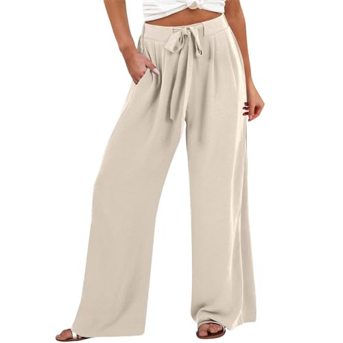 Linen Pants for Women 2025 Summer High Waisted Wide Leg Flowy Beach Trousers Casual Loose Palazzo Pants with Pockets4