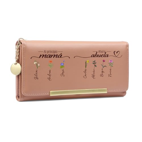 kaululu Carteras Personalizado Mujer con Nombre Grabado, Largo Cartera de Piel PU con Monedero Doble Pliegue, Regalo para el Día de la Madre (E)