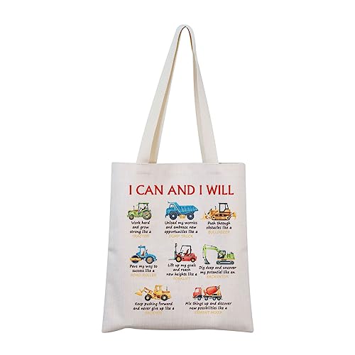 MNIGIU Construction Trucks Themed Tote Bag - I CAN AND I WILL - Beige, Medium, Water Resistant, Durable - Unisex-Adults