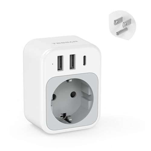 TESSAN EU to US Plug Adapter, European Travel Adaptor with 1 AC Outlet and 3 USB Ports(1 USB C), Most of Europe Germany France Korea Greece Type C/E/F Plugs to US Power Adapter