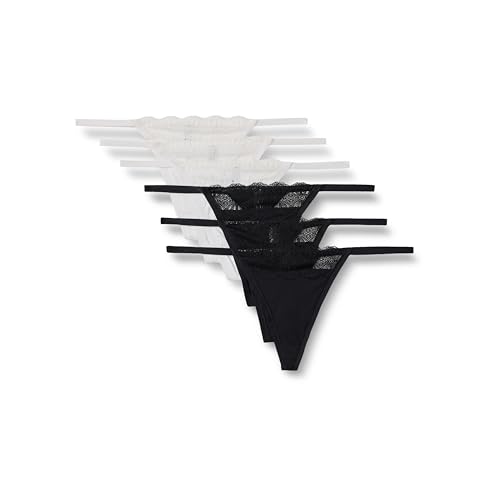 Amazon Essentials Tanga de Microfibra de Tacto Suave, con Detalles de Encaje Mujer, Pack de 6, Blanco/Negro, 38