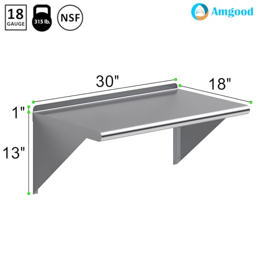 Image of AmGood 18 in. x 30 in. Stainless Steel Wall Shelf | NSF | Metal Shelving | Garage, Laundry, Storage, Utility Room | Restaurant, Commercial Kitchen