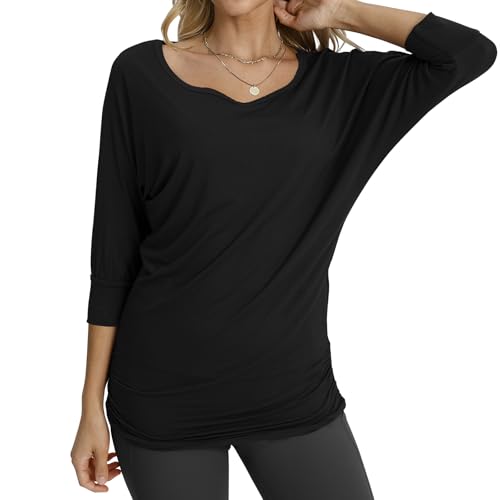 Match Women's Solid 3/4 Sleeve Crewneck T-Shirts Tops with Side Shirring2