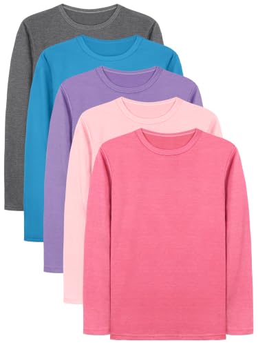 Cooraby 5 Pack Girls Long Sleeve Tees Girls Soft T-Shirts Kids Basic Crewneck T-Shirts Top for Teen Youth Girls 2T-16Y