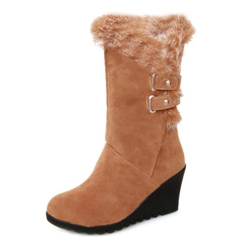 Women's Winter Fur Wedge Snow Boots Faux Suede Mid Calf Cold Weather Buckle Platform Fleece Lining Warm Wedges Snow Boots