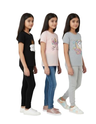 Image of Girls Graphic T-Shirts, 3-Pack, Unicorn Cat Cloud Designs, Short Sleeve, Cotton Blend
