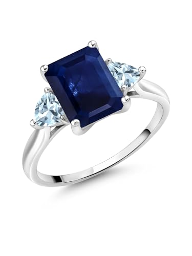 Gem Stone King 10K White Gold Blue Sapphire and Sky Blue Aquamarine Engagement Ring | 2.86 Cttw | Emerald Cut 9X7MM | Trillion 4MM | 3 Stone Gold Ring for Women3