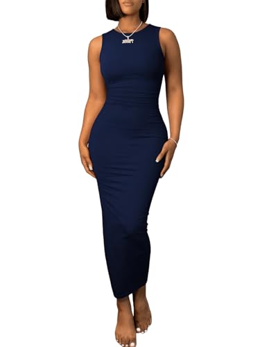 Image of Ulovmi Women's Maxi Bodycon Summer Dress Long Formal Ruched Sundress Elegant Casual Tank Sleeveless Dress Party Cocktail
