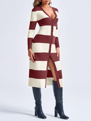 Image of Saodimallsu Womens Striped Sweater Dress Button V Neck Long Sleeve Knit Fall Trendy Bodycon Midi Dresses Cardigans