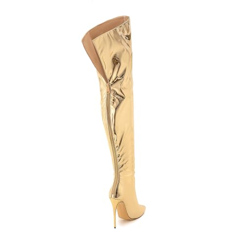 Image of Thigh high boots for women striped Back zipper Burgundy Zebra Print Over the knee Sexy gold white pointed toe Cow Print leopard Magenta stiletto heel