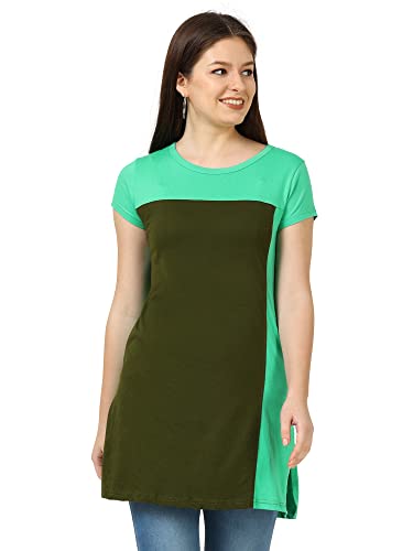 Image of FLEXIMAA Women's Cotton Round Neck Color Block Half Sleeve Long Top