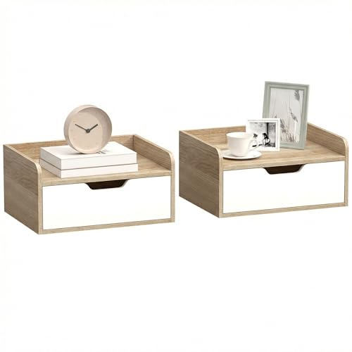 HOMCOM Lot de 2 Tables de Chevet murales, Tables de Nuit suspendues avec tiroir et Plateau à rebords surélevés, Style Moderne, pour Chambre à Coucher,...